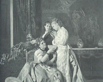 WOMEN GRAPES COSTUME Romance Old , Girls ~ Steel Plate Photogravure ~ 1800s Vintage Old Antique Art Print [Inv#iNgaL#39
