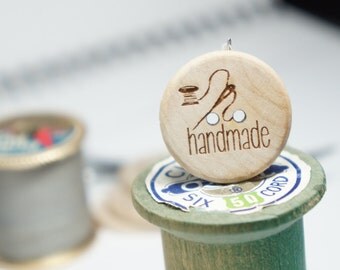 1" Wooden Buttons "handmade" with sewing motiff Set of 10