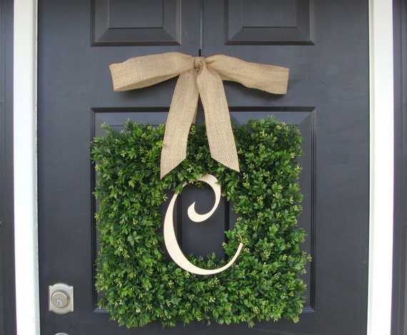 SPRING WREATH SALE Monogram Boxwood Wreath, Boxwood Monogram Wreath with Burlap Bow, Housewarming Gift, Wedding Wreath 16-22 Inch Wreath ava