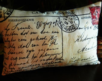 French Postcard Pillow, Antique Postcard Pillow, French Country Decorative Pillow, 1909 Postcard Accent Pillow 7 1/2 x 11 1/2"