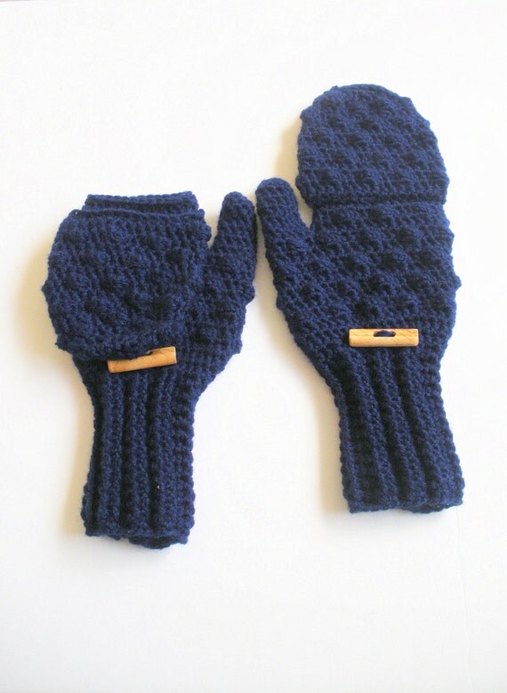 Crochet Glittens in Navy Blue Wool Blend Yarn by luvbuzz on Etsy
