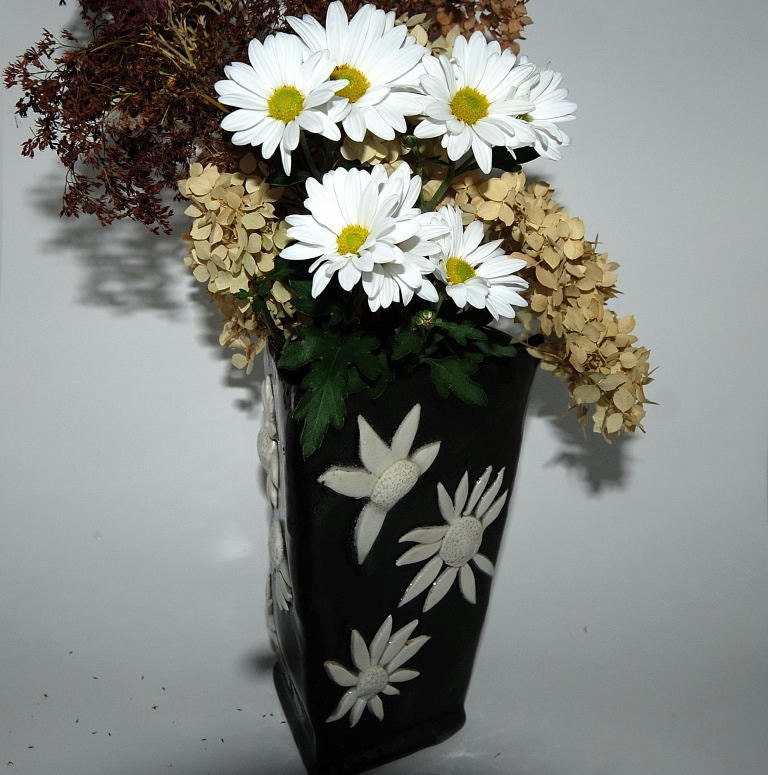 Flower Vase Black with White Flowers by TheButlersCreations