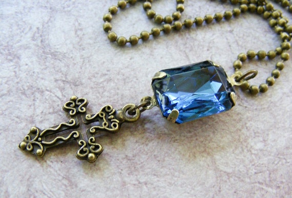 Filigree CrossAntique Brass Pendant Royal Blue by meiguidesigns