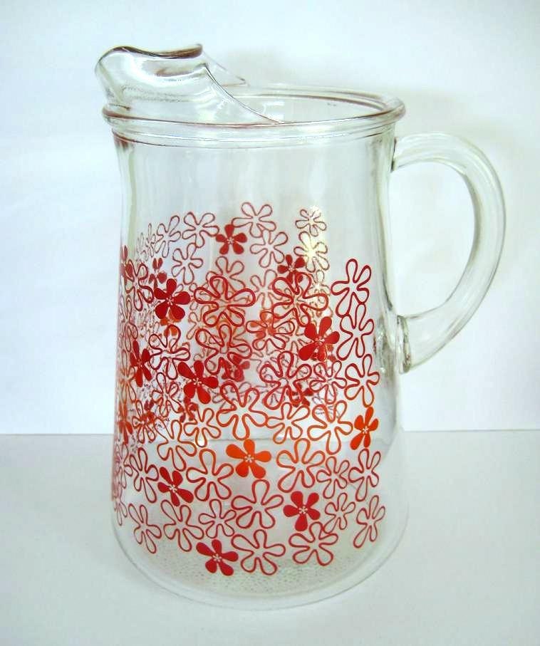 Vintage Glass Pitcher Retro 1960s Federal Glass Pitcher Cherry Red Hippie Flowers Mod Design 0232