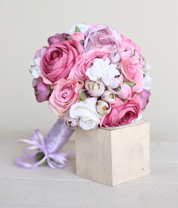 Silk Bridal Bouquet Pink Lavender Purple Roses Rustic Chic Wedding NEW 2014 Design by Morgann Hill Designs by braggingbags