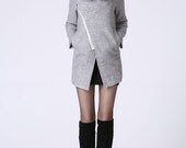 Asymmetrical Coat with Snood Hood - Women Pale Gray Mini Winter Jacket with Zipper  Closure & Pockets-20% coupon code   (1060)