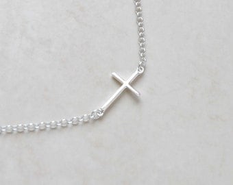 Sideways cross necklace, sterling silver sideway cross, tiny silver cross, modern christian jewelry, little girl gift, layering - Anjelica
