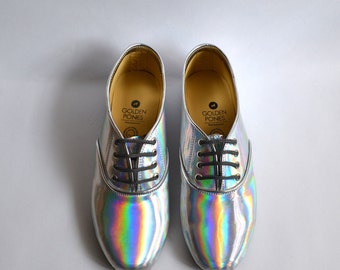 Mirrored holographic vegan faux leather pony oxford shoes (Handmade to order)