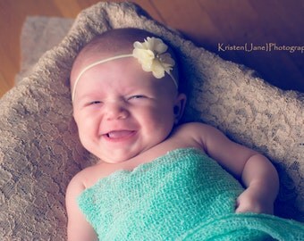 Baby Girl Ivory Headband...Tiny Ivory Flower on a skinny elastic White Headband...Newborn Headband