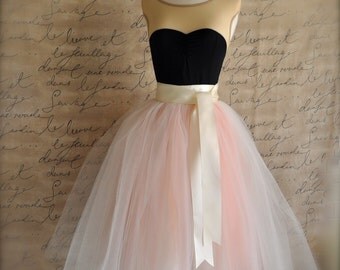 Womens blush tulle skirt. Ivory and antique pink tulle lined in ivory satin. Weddings and formal wear.