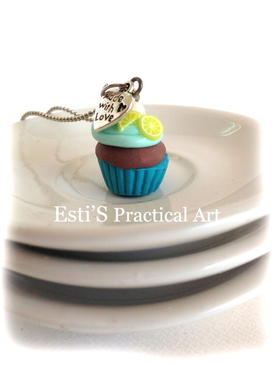 Items similar to Lemon chocolate fake Cupcake necklace and small heart