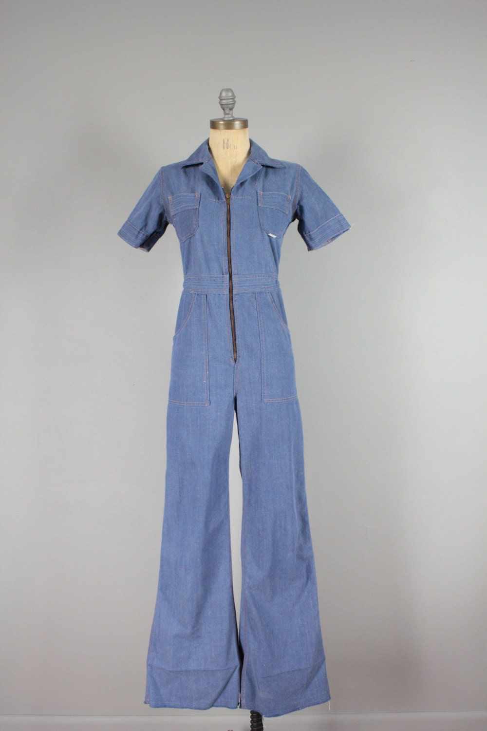 70s Blue Jumpsuit . Denim Jeans . Disco Hippie by snootieseconds