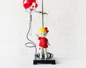 20% SALE - Balloon Girl Light - Industrial Science Stand Lamp - Vintage Bisque Doll Figurine - Painted Heart Lightbulb - ZigZag Cloth Cord