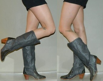 vintage 80s cowgirl boots 6.5 grey lizard and leather DINGO