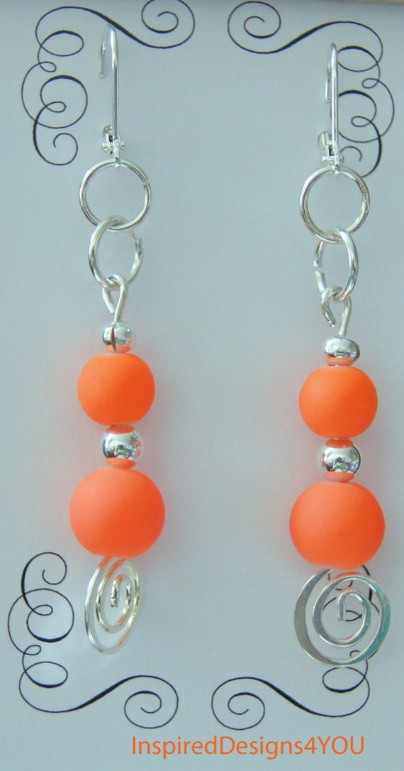 Neon Orange Earrings. 925 Silver Stamped Earrings Beaded