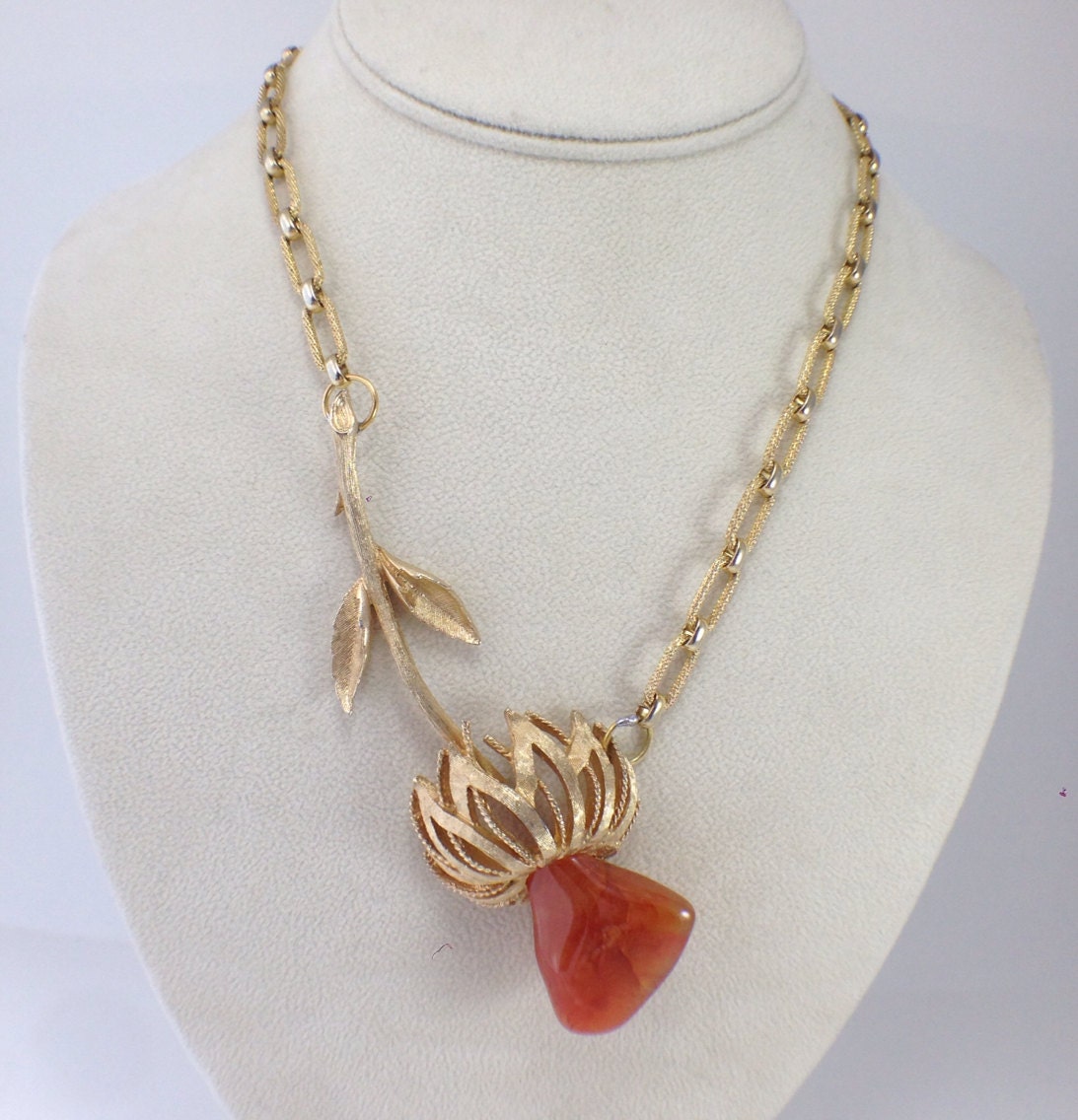 Orange Stone Flower Necklace Pendant Vintage Coro by ravished