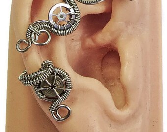 Small Silver Steampunk Ear Wrap - Steampunk Jewelry, Steampunk Ear Cuff