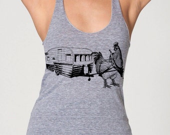 womans racerback tank top- chicken pulling trailer- American Apparel athletic gray - available in XS,S,M, L- Worlwide Shipping