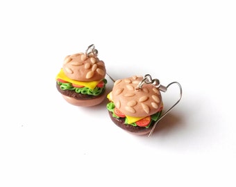 Hamburger Earrings Food Earrings ( polymer clay funny jewelry food jewelry kids jewelry gift for her handmade miniature food fast food )