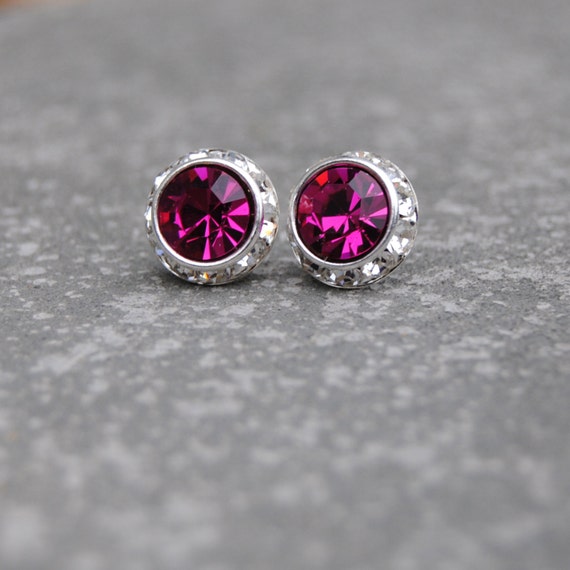 Fuchsia Pink Earrings Diamond Earrings Swarovski by MASHUGANA
