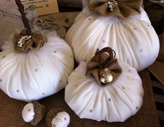 Set of Large White Velvet Pumpkins in a  Set - Wedding - Holiday - Decoration