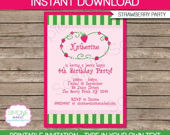 Strawberry Shortcake Invitation Template - Birthday Party - INSTANT DOWNLOAD with EDITABLE text - you personalize at home