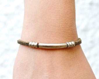 Leather Bracelet with Silver Bar - Boho Jewelry