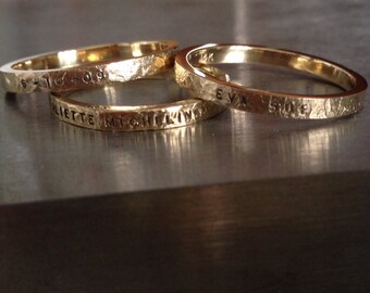 18k Gold Personalized hand stamped name rings with date, Baby name rings with birth date, Stackable name rings