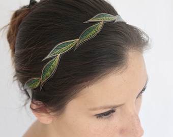 Women's Headband Fall, Cascading Green Leaves, Faux Leather, Handmade & Painted, Vegan Boho Headband, Gifts for Her
