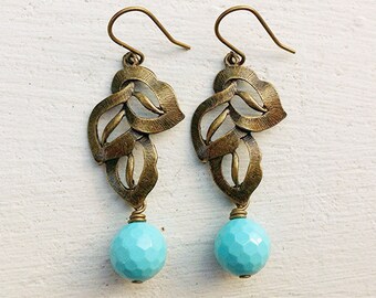 Turquoise Earrings/ Leaf Earrings/Woodland Wedding Earrings/Rustic Wedding Earrings/Aqua Blue Earrings/Bridesmaid Earrings/Mother's Day Gift