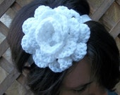 White Rose Headband Large Crocheted white Rose on white FOE headband