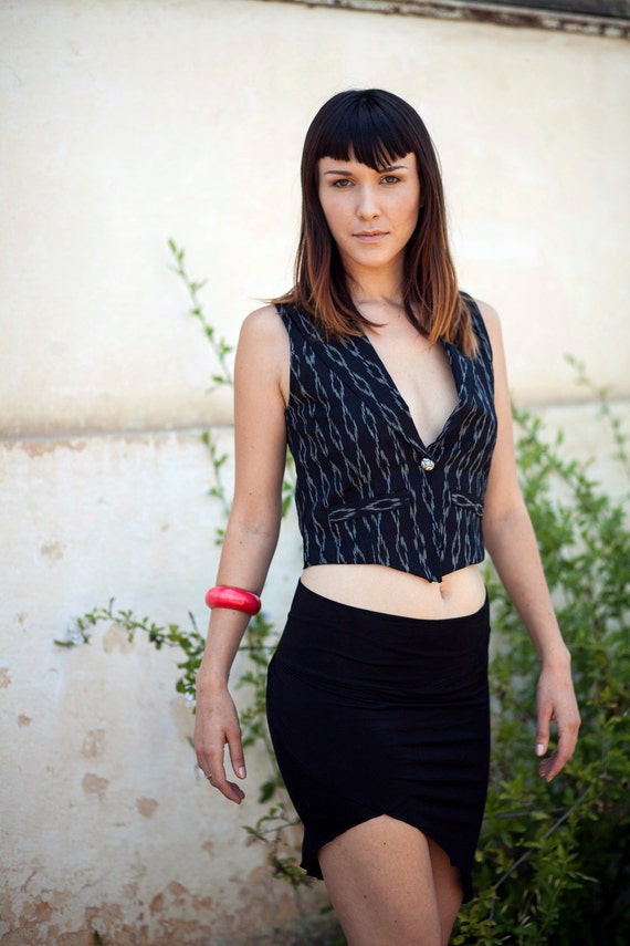 CLERANCE SALE Black Striped Women Vest, Steampunk Vest, Fitted Waistcoat, Ikat Vest by Picarona steampunk buy now online