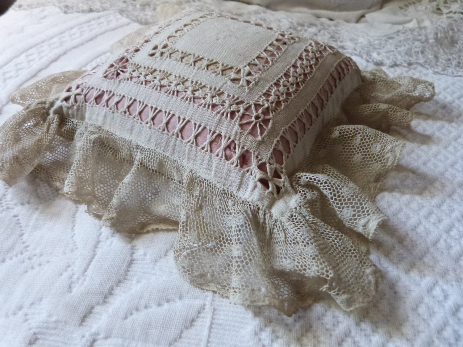 Antique French pincushion or ring bearer pillow w handmade needle lace