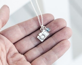 Tiny Camera Necklace- 925 Sterling Silver or silver toneChain - Custom Birthstone- Swarovski Crystal- Christmas Present- Under 20