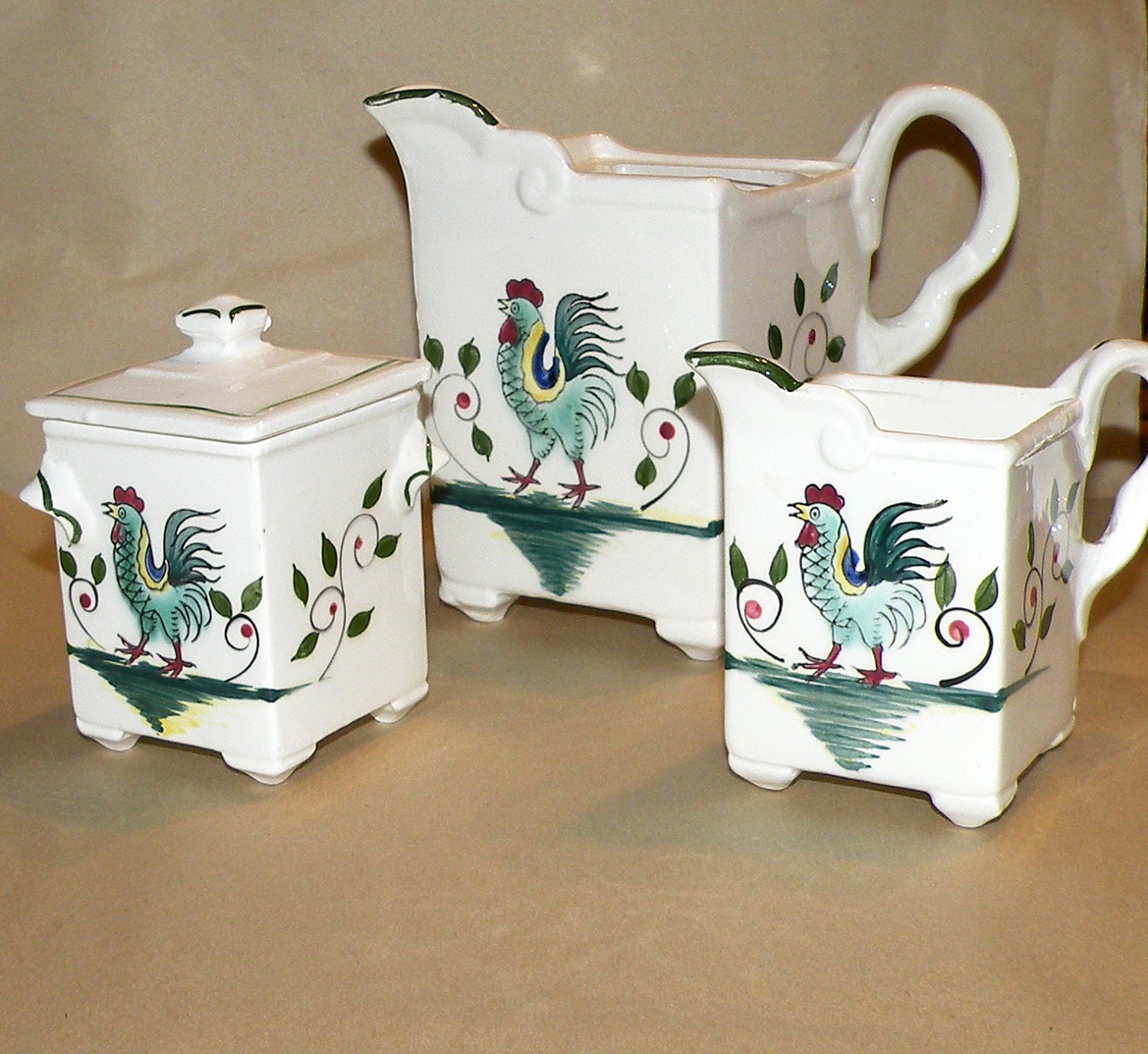 Vintage Rooster Teapot Set Cream Sugar Tea by RosePetalResources