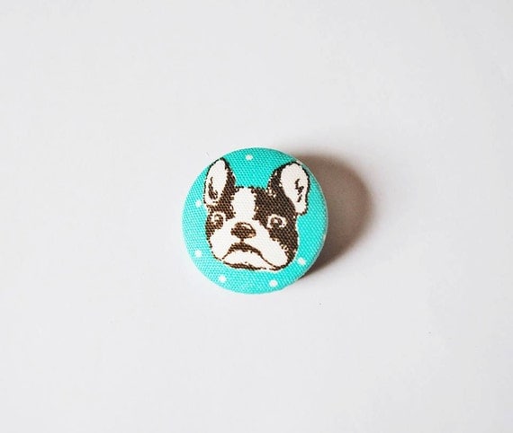 French Bulldog/Pug Turquoise Dotty Covered Button Brooch