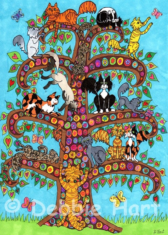 ACEO Giclee Art PRINT Millefiori Flowered Cat Tree by debhartsart