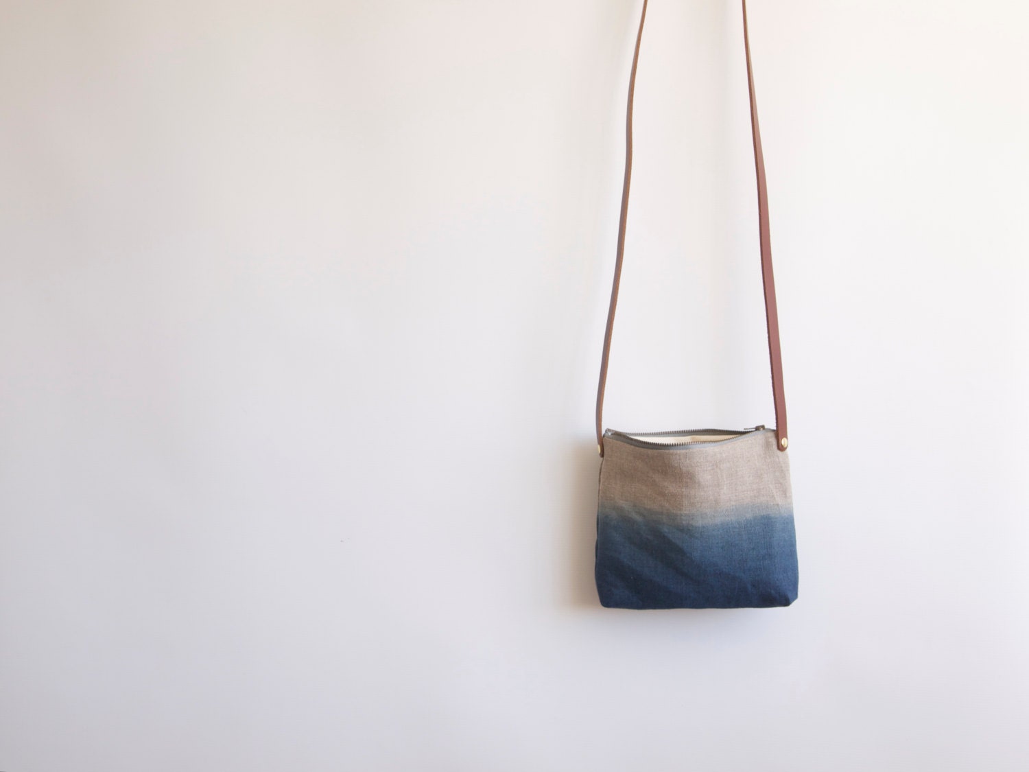 Cross Body Linen Purse // Ombre Indigo Blue Linen Day Bag // Dip Dye Bag with Leather Strap and