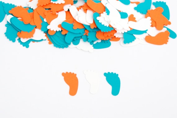 Baby Shower Decoration - Footprint Confetti - Turquoise and Orange - Modern Baby Shower Il_570xn
