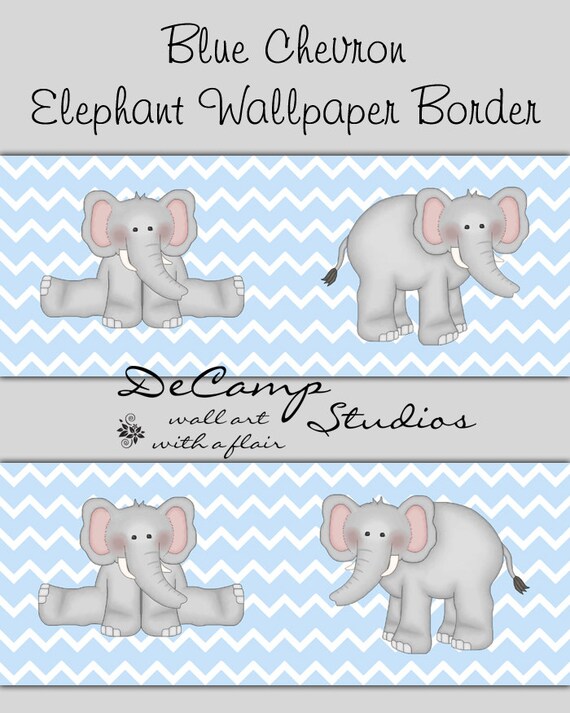 BLUE GREY CHEVRON Elephant Wallpaper Border Wall Decals Boys Room Baby ...