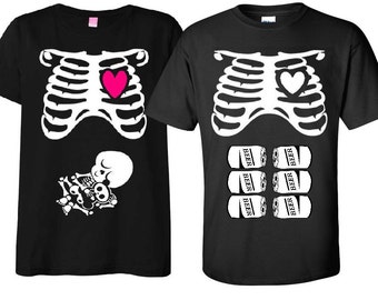 Maternity Halloween T-Shirt Costume Rib Cage and Baby Skeleton and Matching Father To Be Six Pack Beer T-Shirt Couple Set Baby Shower Gift