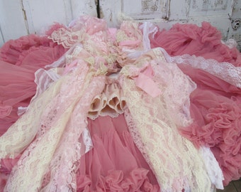 Shabby chic Christmas tree skirt pink with tattered torn lace fabric ...