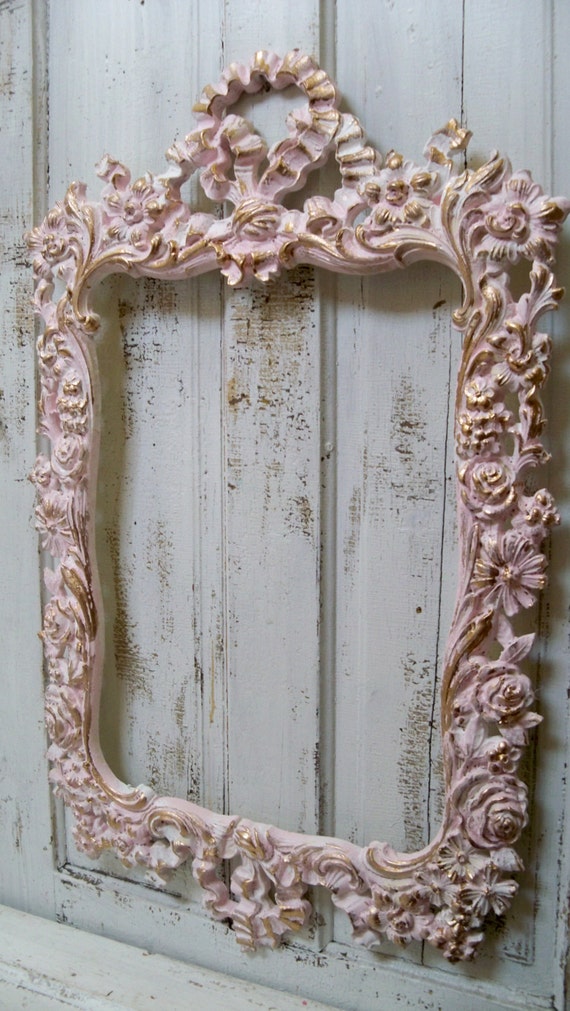Large shabby chic pink wall frame ornate white accented gold