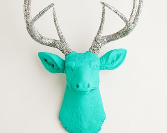 Faux Deer Head - The Chloe - Turquoise W/ Silver Glitter Antlers Resin Deer Head- Stag Resin White Faux Taxidermy