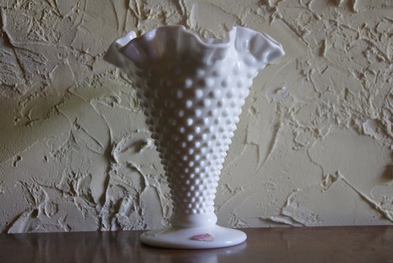 Vintage 1950s FENTON Milk Glass Hobnail Vase With Paper Label