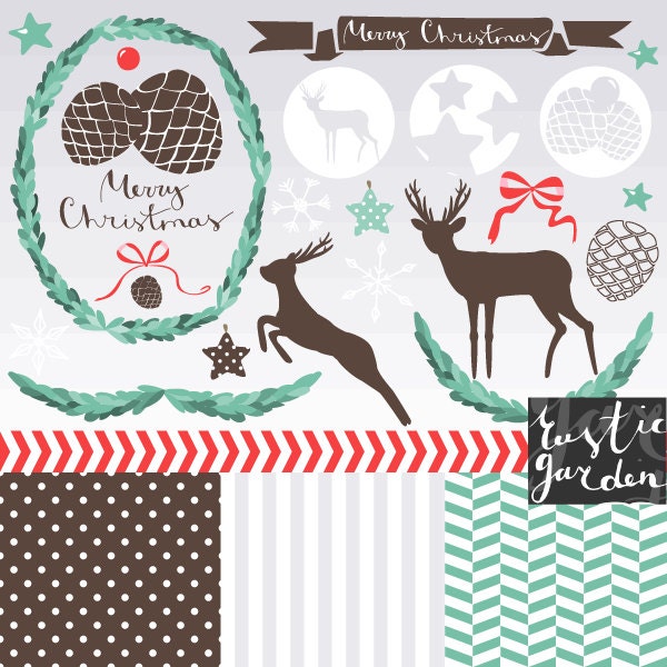 Christmas mint green, red and brown digital clipart and paper kit. Deers, pine cones, stars, ornaments, laurels.