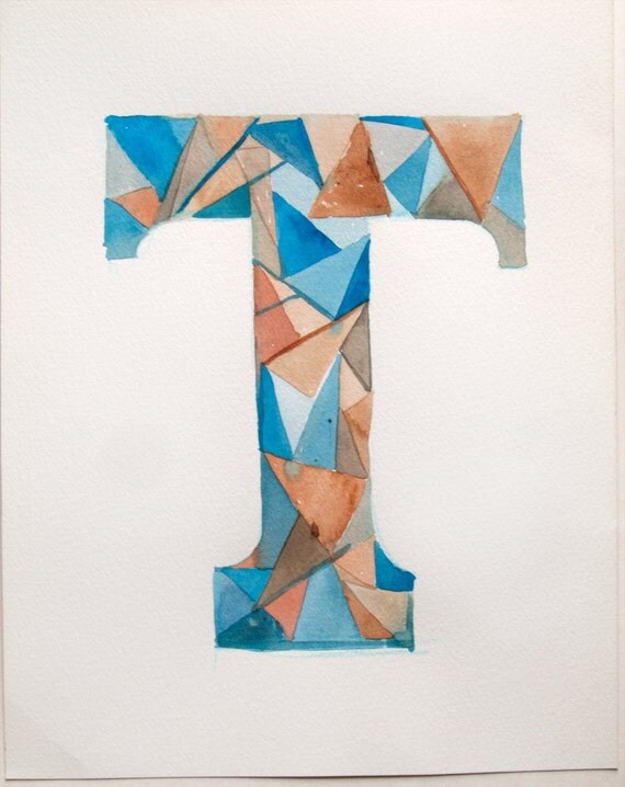 Watercolor painting of letter T. Typography art. Geometric