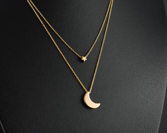 Gold Moon and Star Layered Necklace, Dainty Necklace, Delicate Fine Chain, 16K Gold Plated Crescent Moon and Star