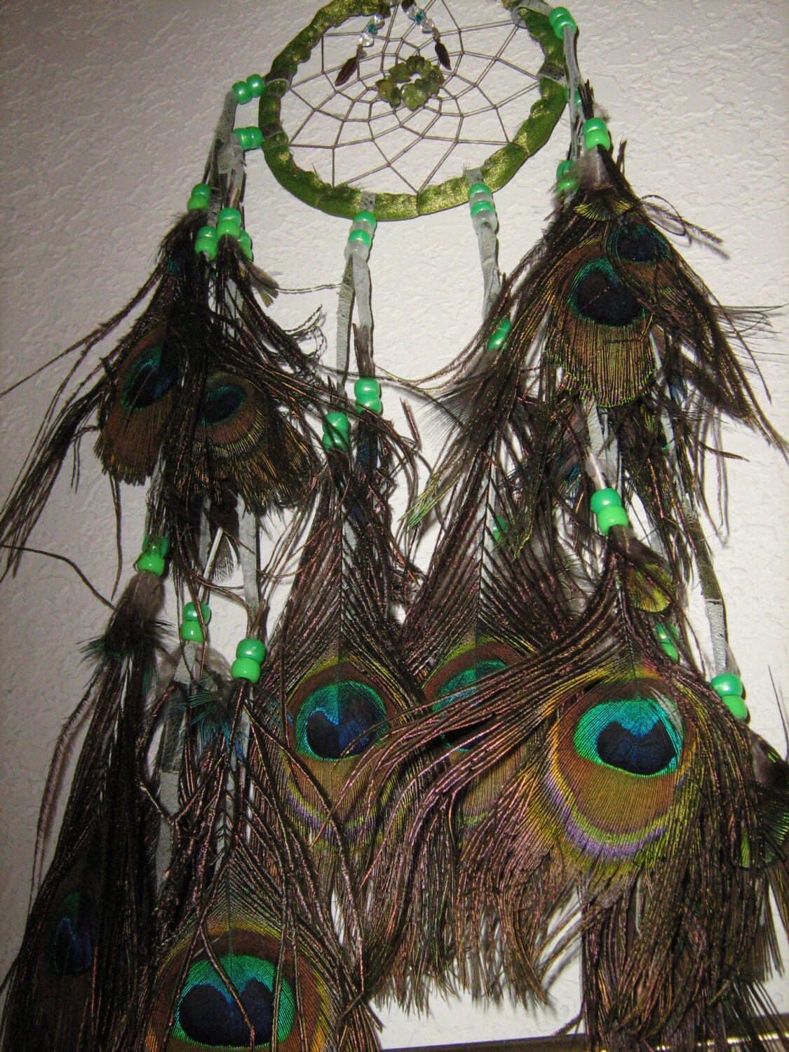 Peacock Feather Dream Catcher is made with Moss Green Organza