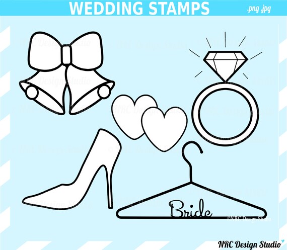 Engagement Party Clip Art - Classic Wedding Digital Stamps Clip Art - Wedding Stamps Clipart - Bell, Shoe, Diamond Ring, Bride Hanger Il_570xn